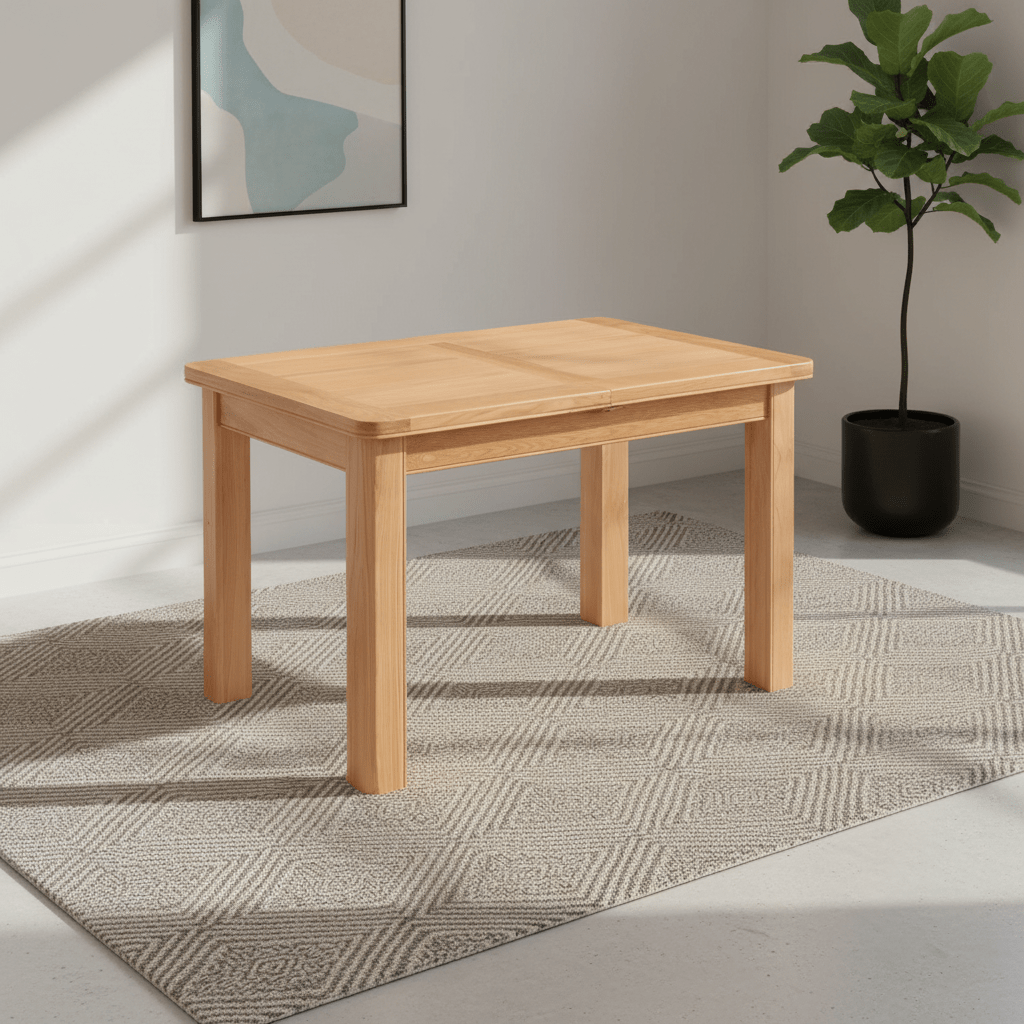A light natural wood Chatsworth Oak rectangular table with four legs, shown in a styled room setting on a textured gray rug with a potted plant and framed wall art in the background.