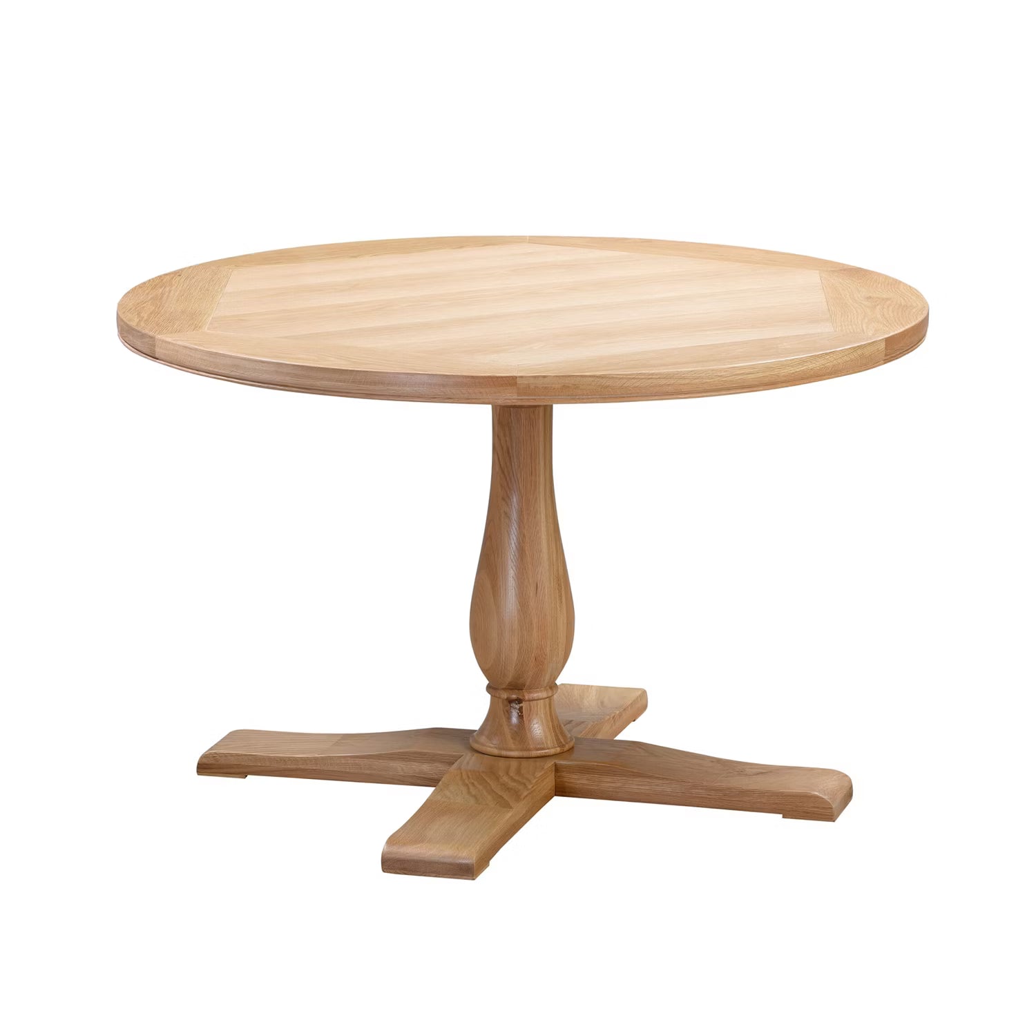 A round wooden dining table with a pedestal base and four legs, shown on a plain white background.