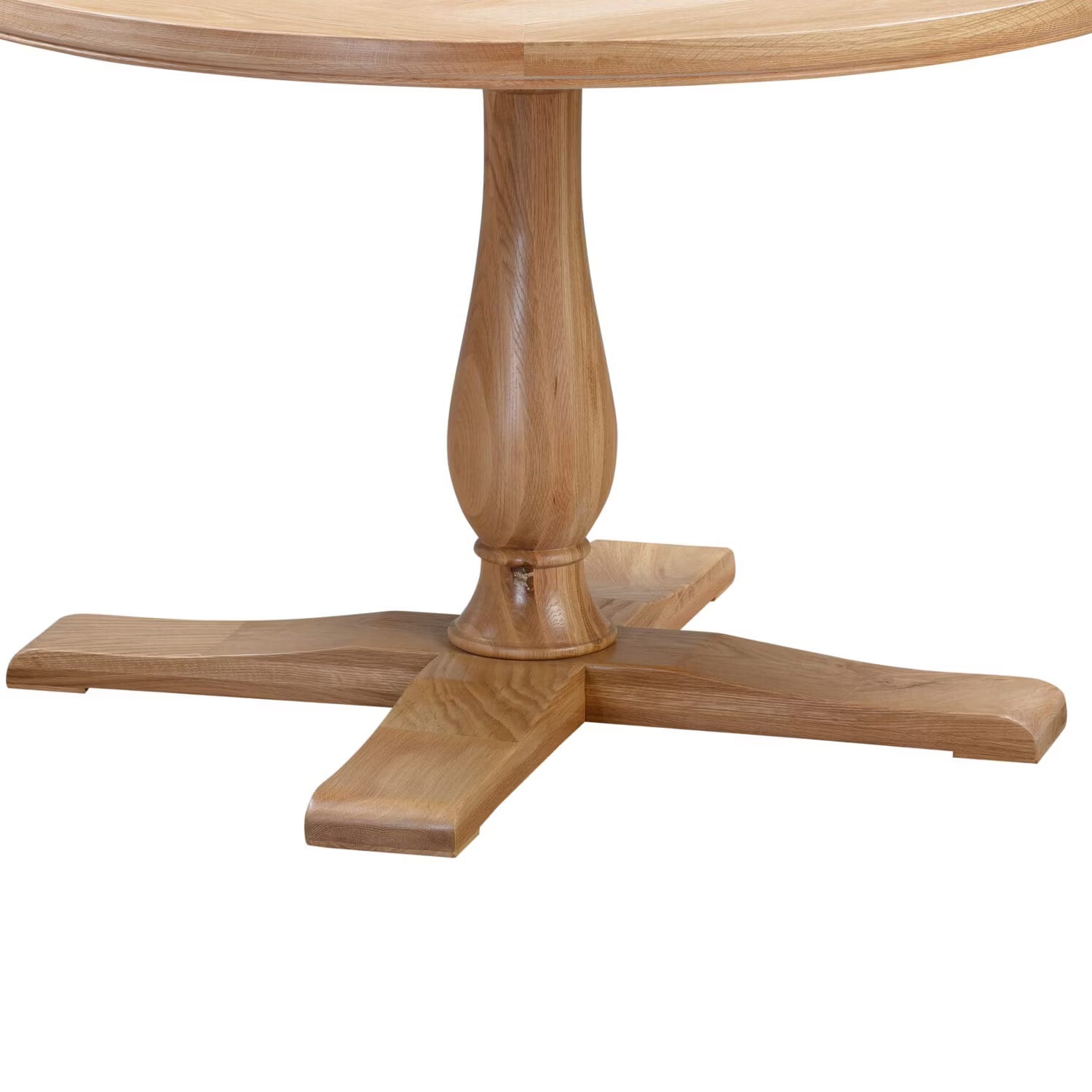 Close-up of a Chatsworth Oak Round Dining Table 120cm with a turned pedestal base and four angled support legs, shown on a plain white background.