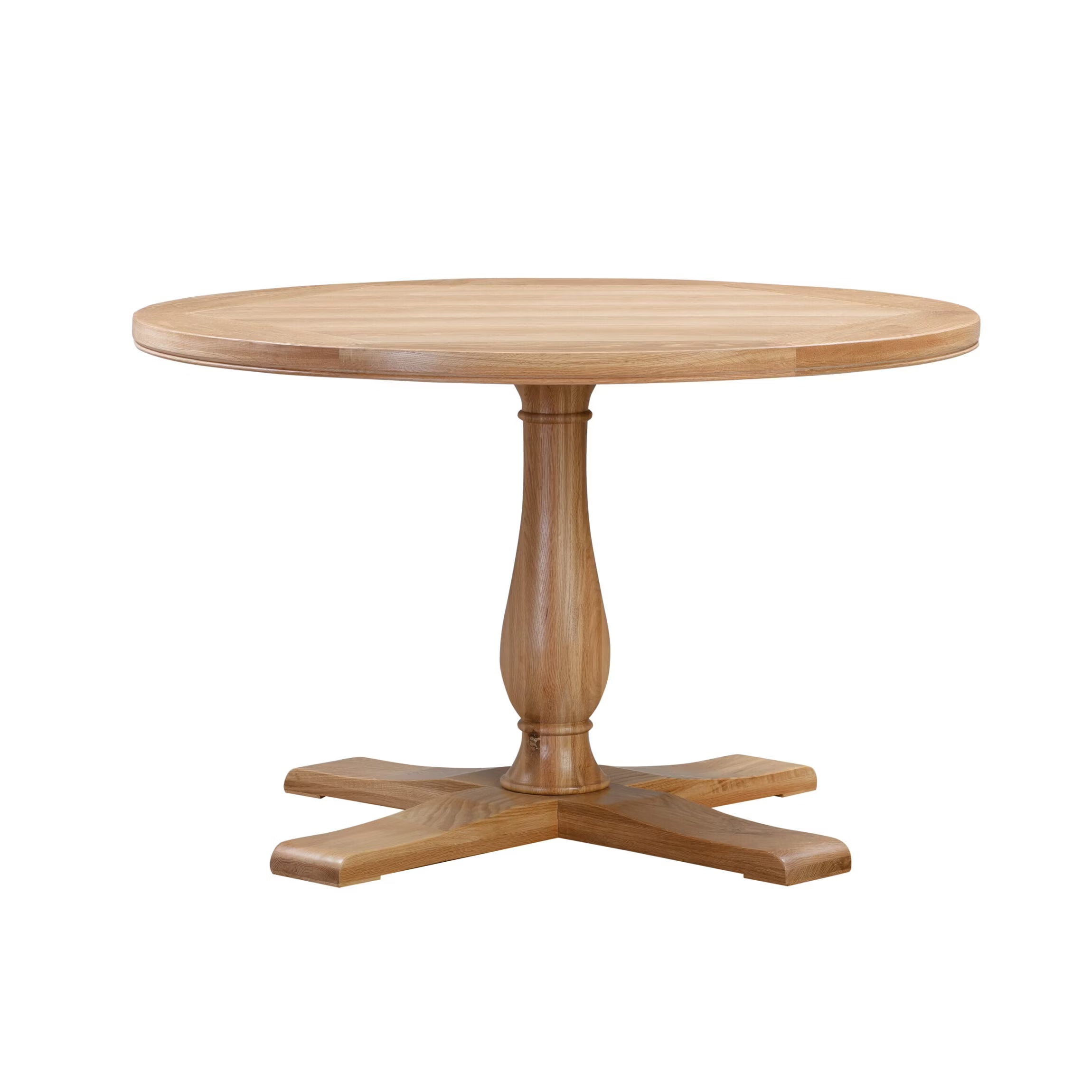 Chatsworth Oak Round Dining Table 120cm with a pedestal base and four legs, shown on a solid white background.