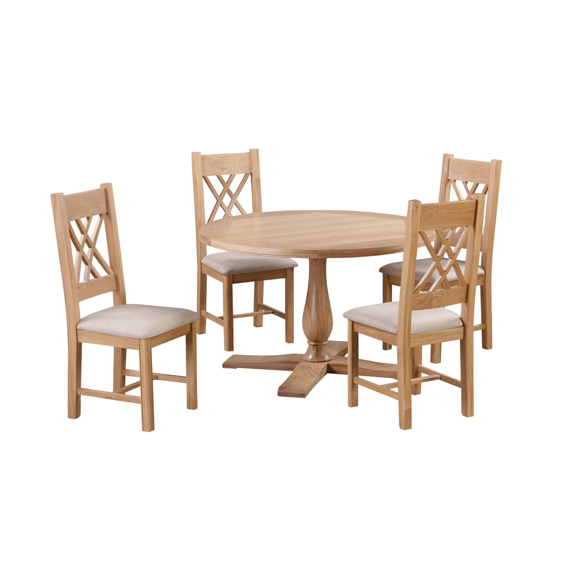 A 5-piece dining set featuring a round light oak table and four matching chairs with light beige upholstered seats, shown on a solid white background.