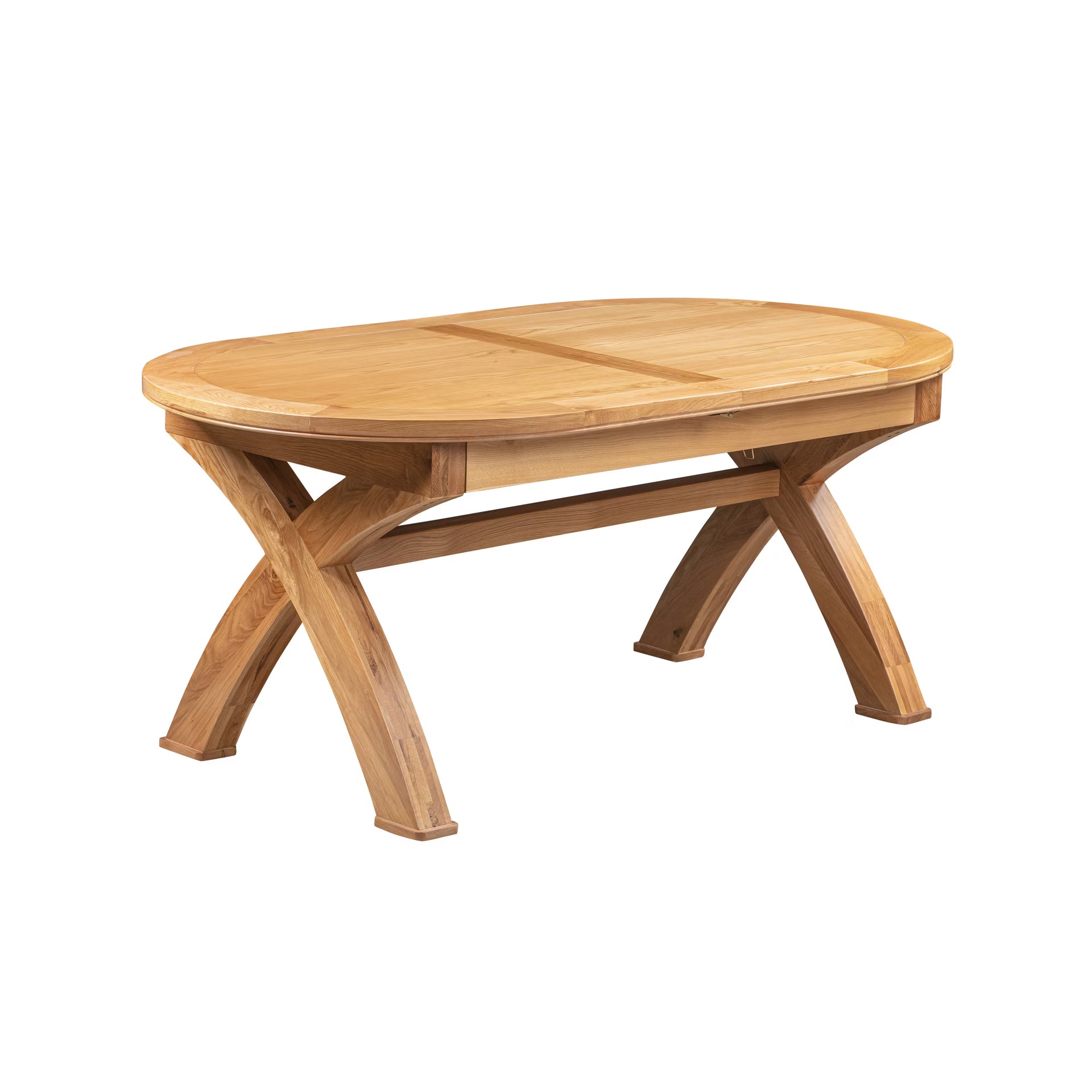 An oval wooden dining table with a natural oak finish, featuring a central seam on the tabletop and a decorative stretcher bar connecting the legs, shown against a plain white background.
