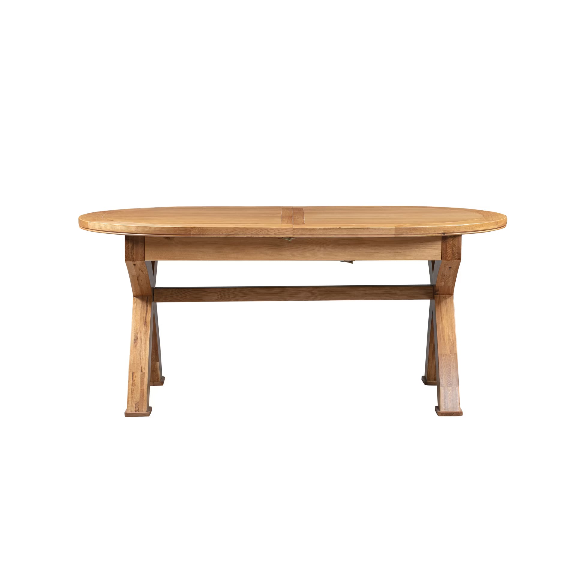 An oval wooden dining table with a natural light brown finish, featuring a central seam on the tabletop and a sturdy crossbar support, shown against a plain white background.