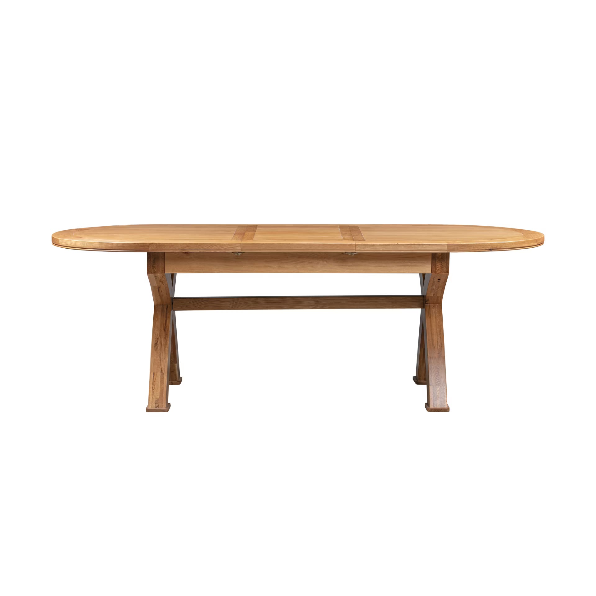 An oval wooden dining table with a natural light brown finish, featuring a central stretcher support and angled legs, shown against a plain white background.