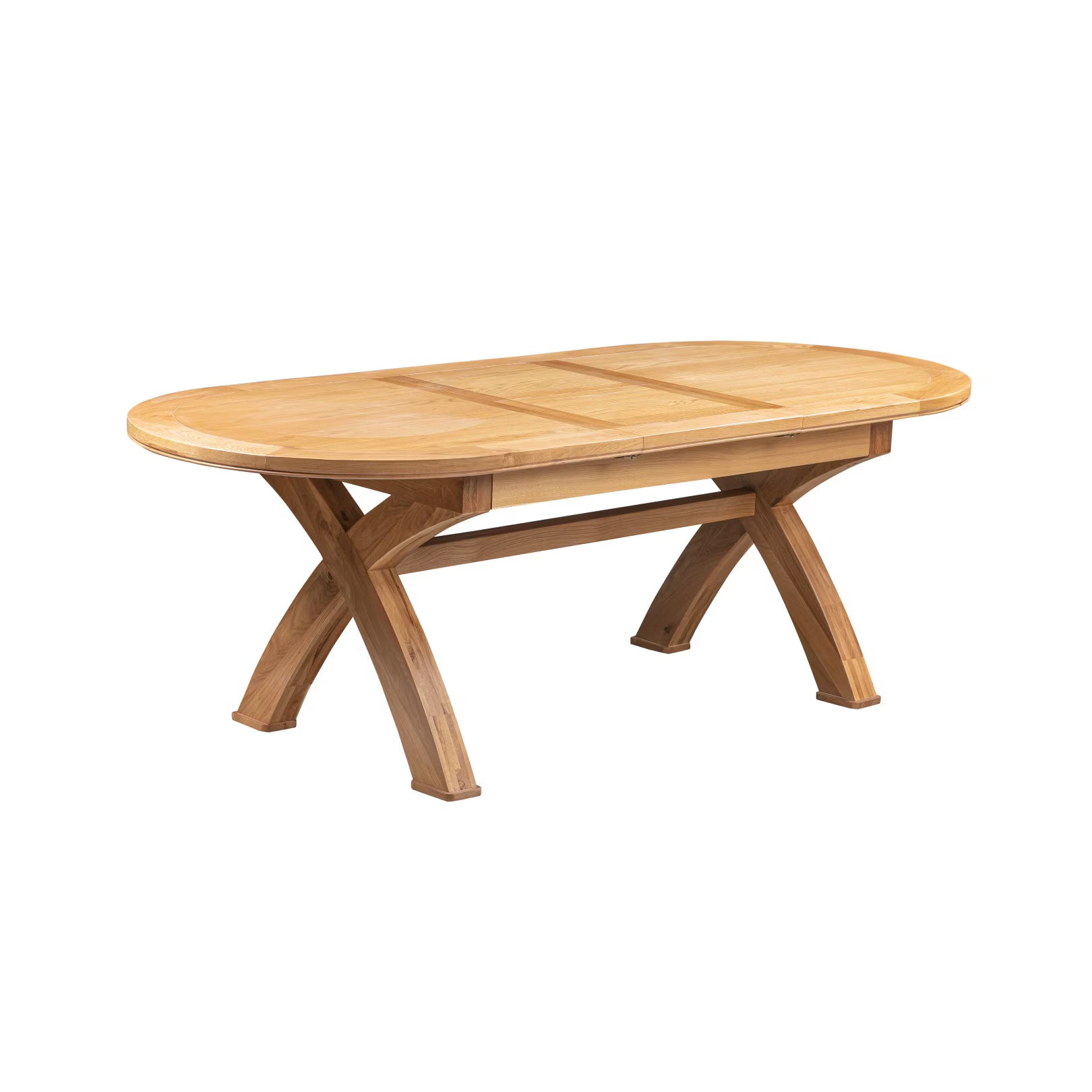 Chatsworth Oak Oval Extending Cross Leg Dining Table with a light natural oak finish, featuring a four-panel top and an X-shaped cross base, shown on a plain white background.