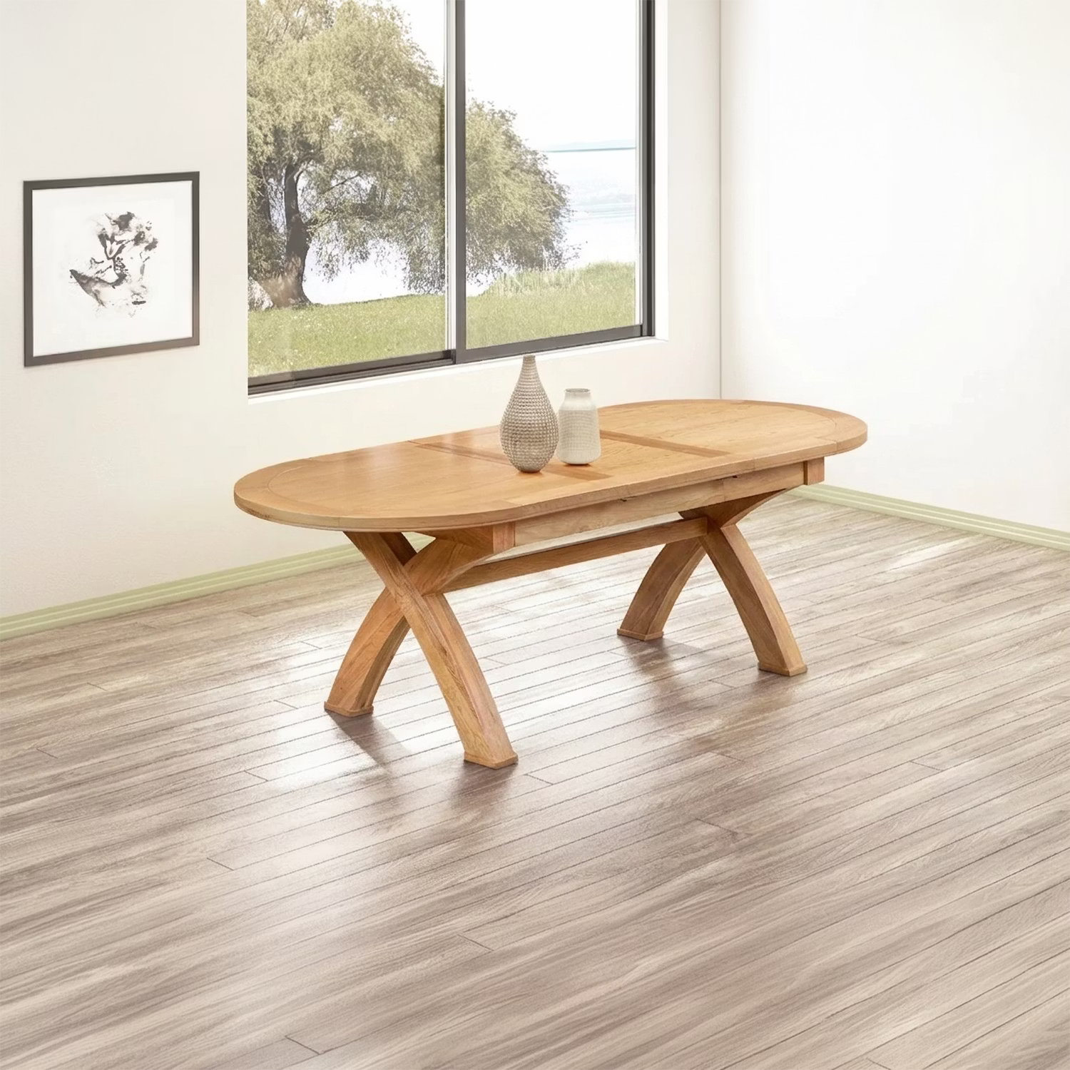 Shop the Chatsworth oak oval extending dining table. Features a butterfly extension, sculptural cross-leg pedestal base and natural oak finish.