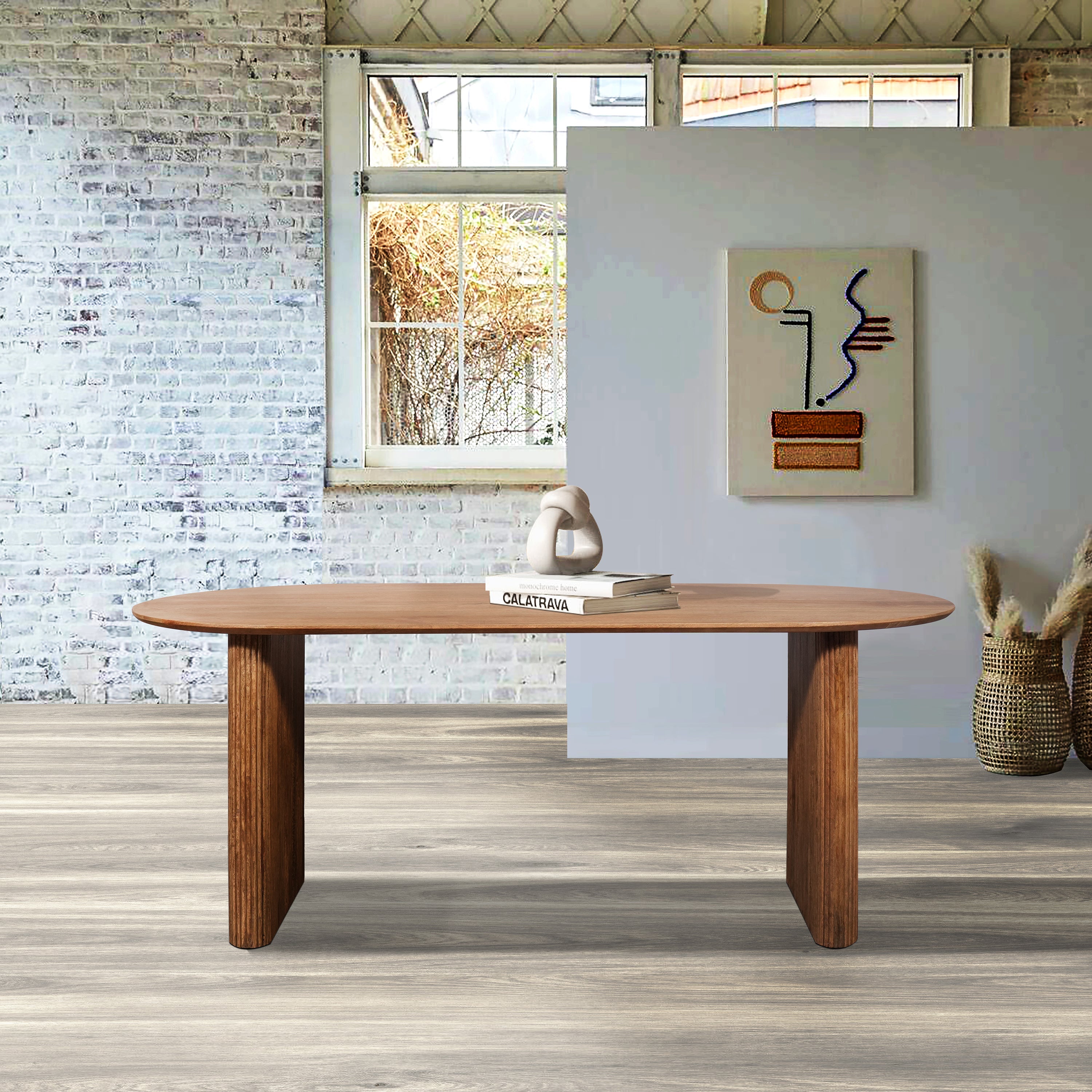 Zen Mango Wood Oval Dining Table with Vintage Grey Chairs, matching furniture available - Dining Table Lifestyle Image