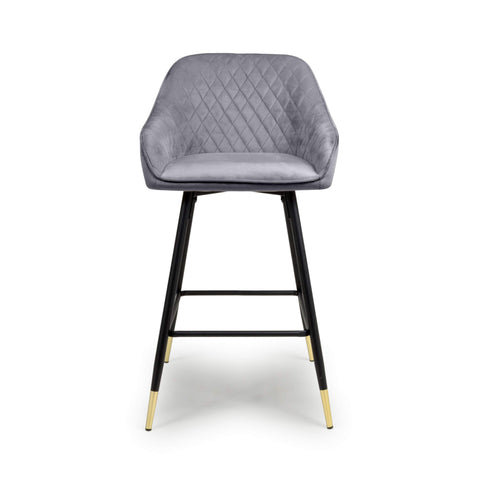 Pair of Brushed Velvet Grey Bar Stools, adjustable height. Also available in Mink or Black-Main Image