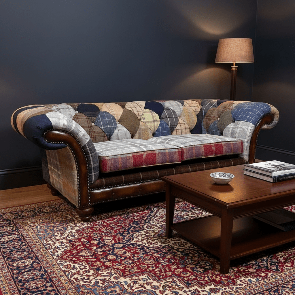 Plaid sofa with decorative pillows in a room with a dark wall and wooden coffee table.