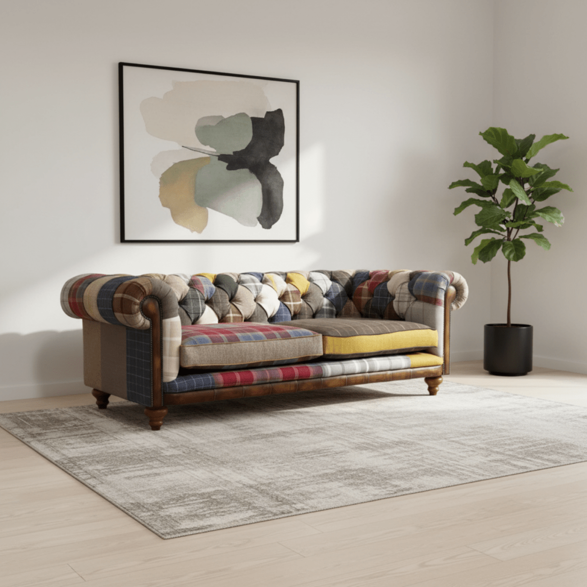 Multicolored patchwork sofa in a living room with abstract art and a plant.