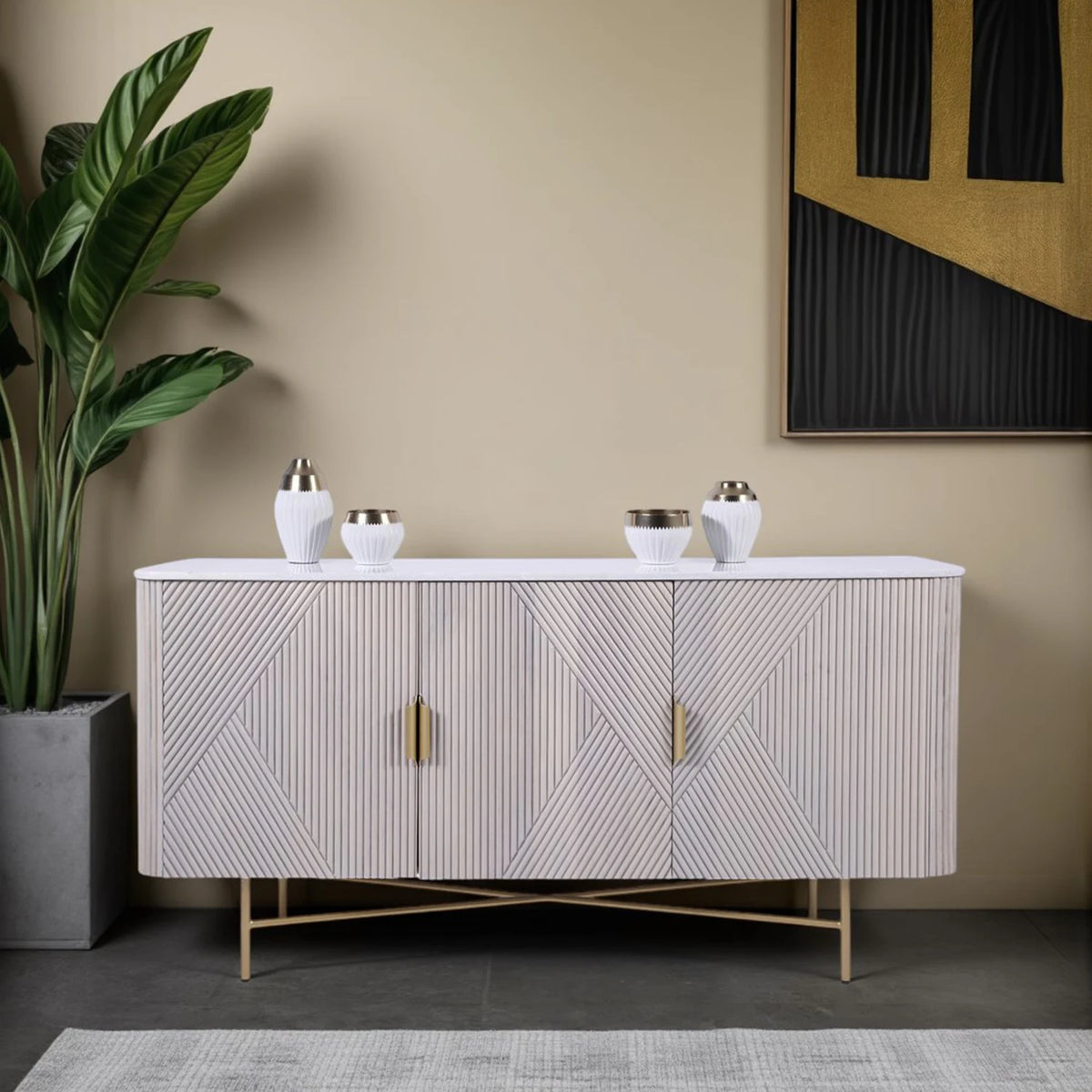 Valencia Marble Mango Wood 3 Door Sideboard - Pendle Village Furniture