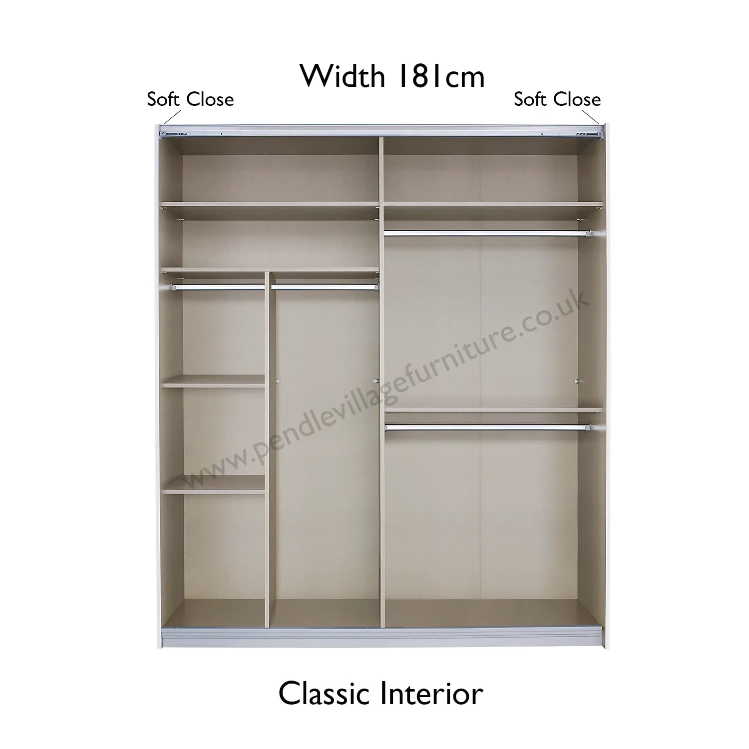 Rauch Mosbach White Glass Sliding Door Wardrobe, Carcase Artisan Oak, Front White Glass and Panels Design on the door, Width 181 Height 210 Depth 54cm - Classic Interior