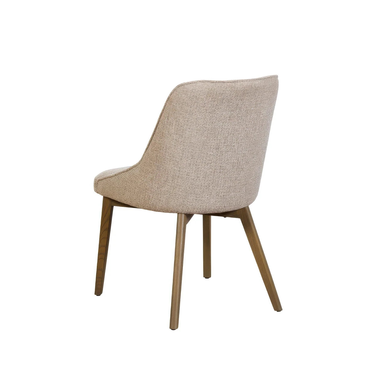 A modern dining chair with a textured beige fabric upholstered seat and curved backrest, supported by four tapered medium-brown wooden legs, shown from a three-quarters angle on a white background.