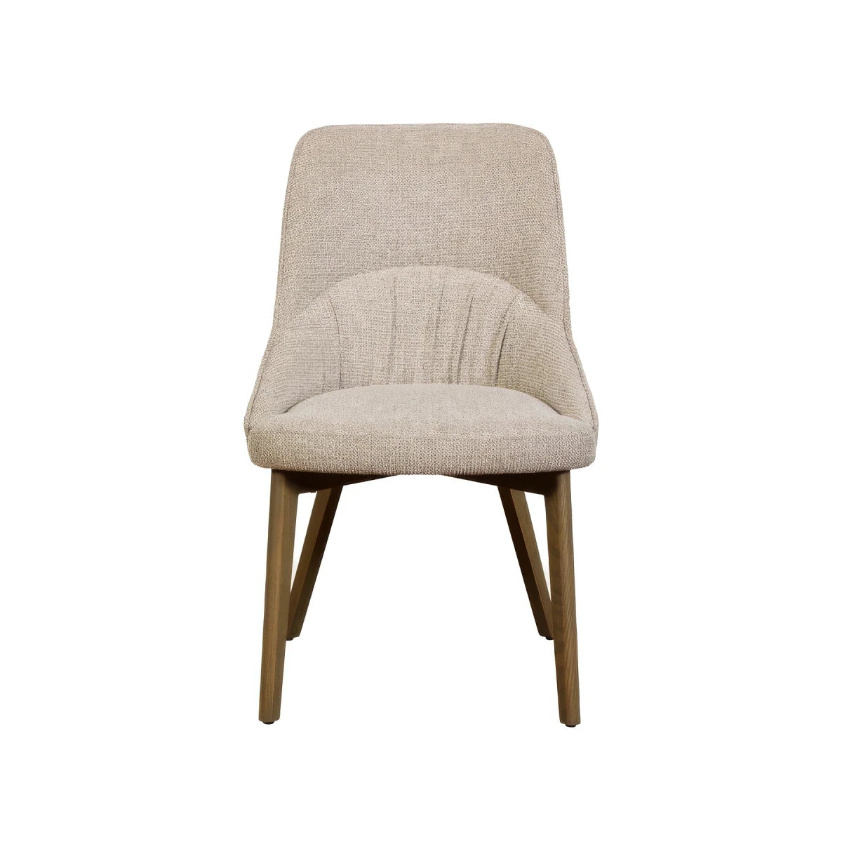 A modern dining chair with a textured beige bouclé upholstered seat and back, supported by tapered medium-brown wooden legs, shown against a plain white background.