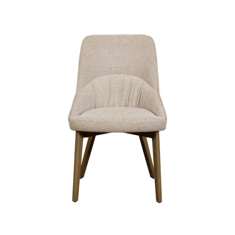 A modern dining chair with a textured beige bouclé upholstered seat and back, supported by tapered medium-brown wooden legs, shown against a plain white background.