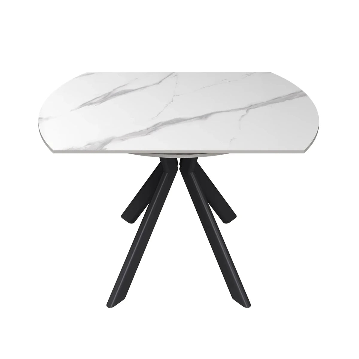 A modern dining table with a white marble effect sintered stone patterned oval top and three black angled legs, shown on a plain white background.