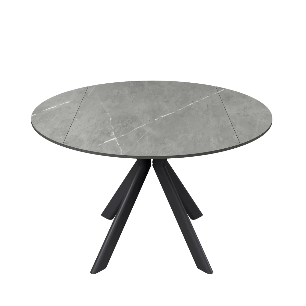 Round dining table with gray Matt Sintered Stone Ceramic top and black metal legs on a white background