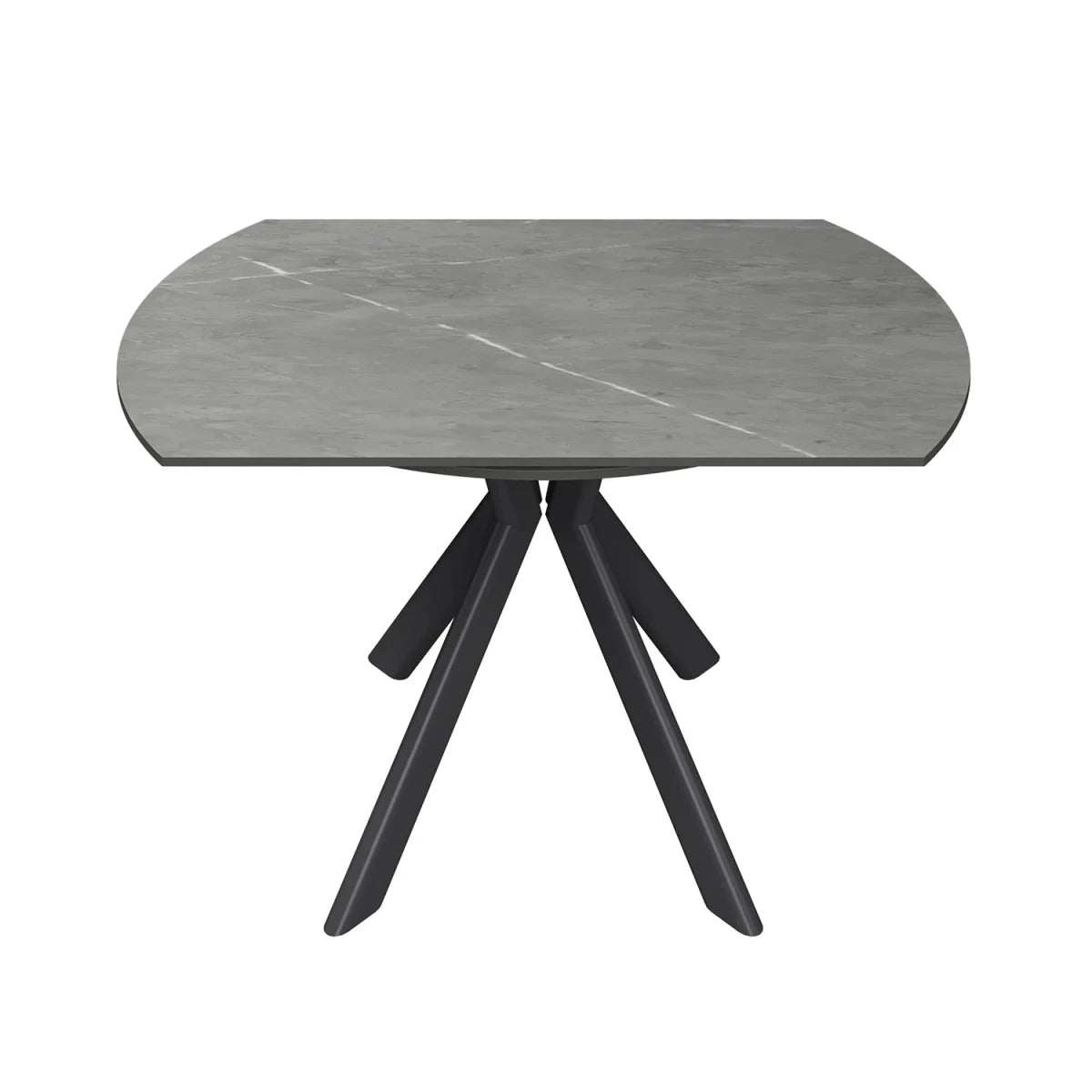 A modern semi-circular dining table with a gray stone-look top and a black three-legged metal base, shown against a plain white background.