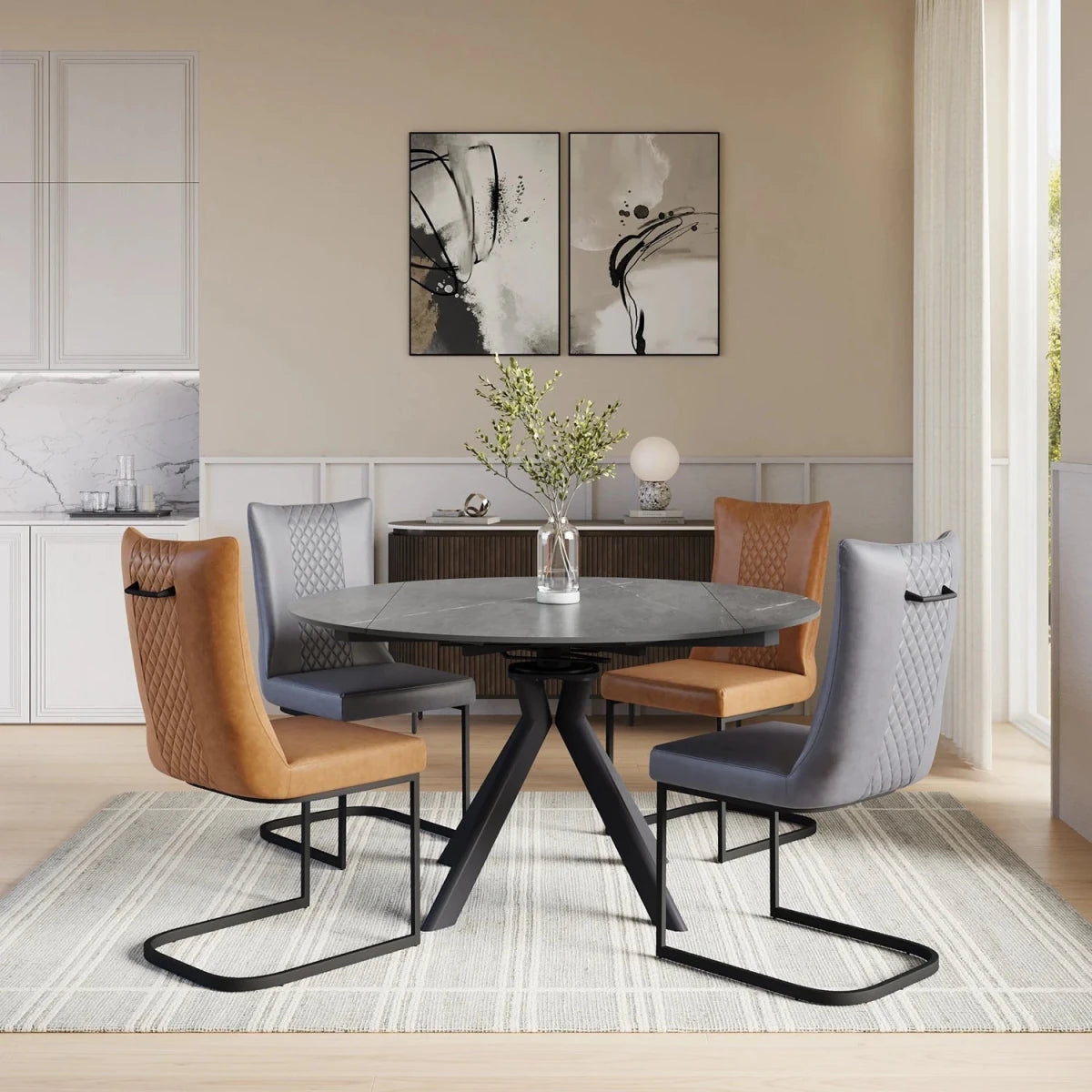 Cuneo Round Matt Grey Ceramic Swivel Extending Dining Table with 4 Chairs