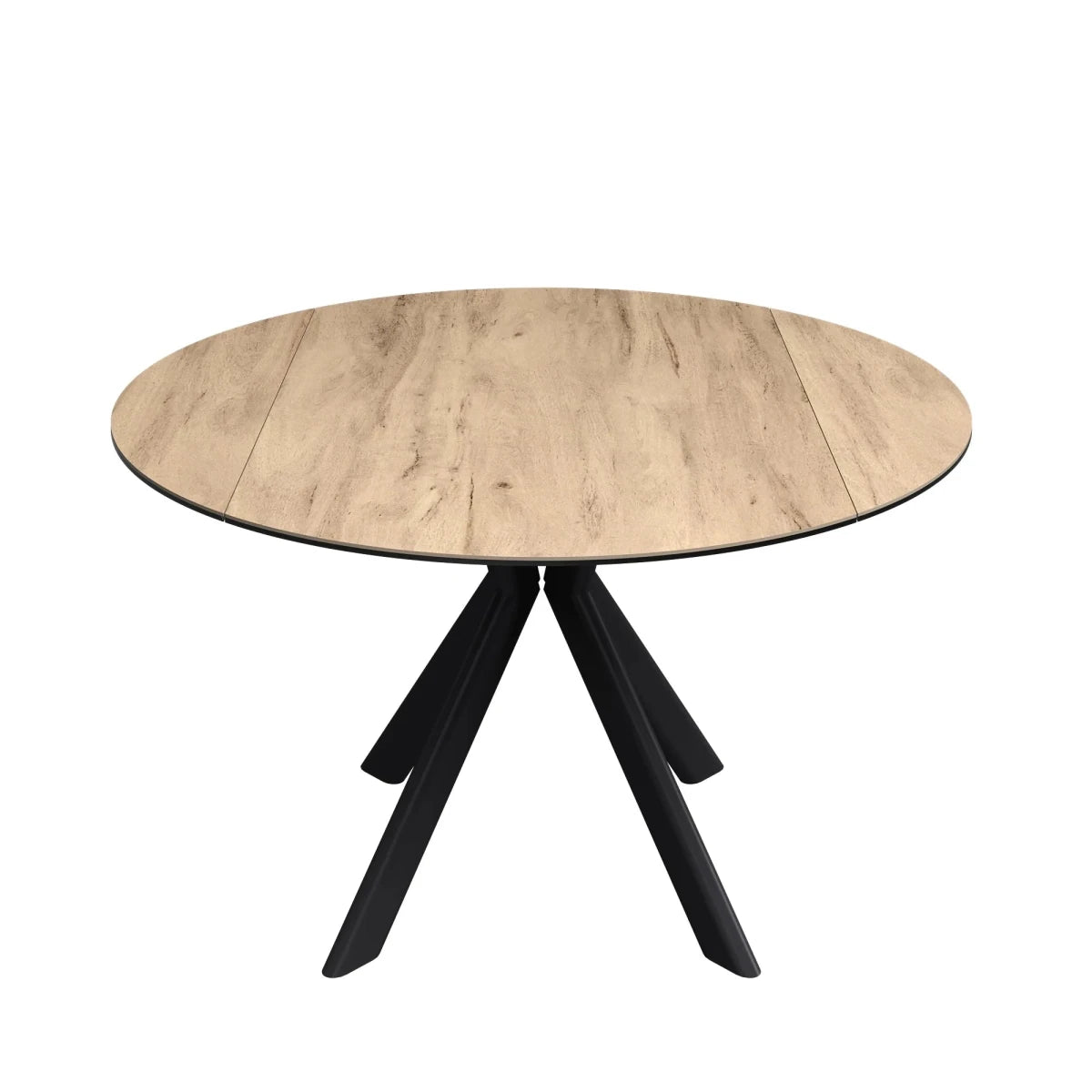 A round dining table with a wood-grain effect ceramic tabletop and a black three-legged metal base, shown against a plain white background.