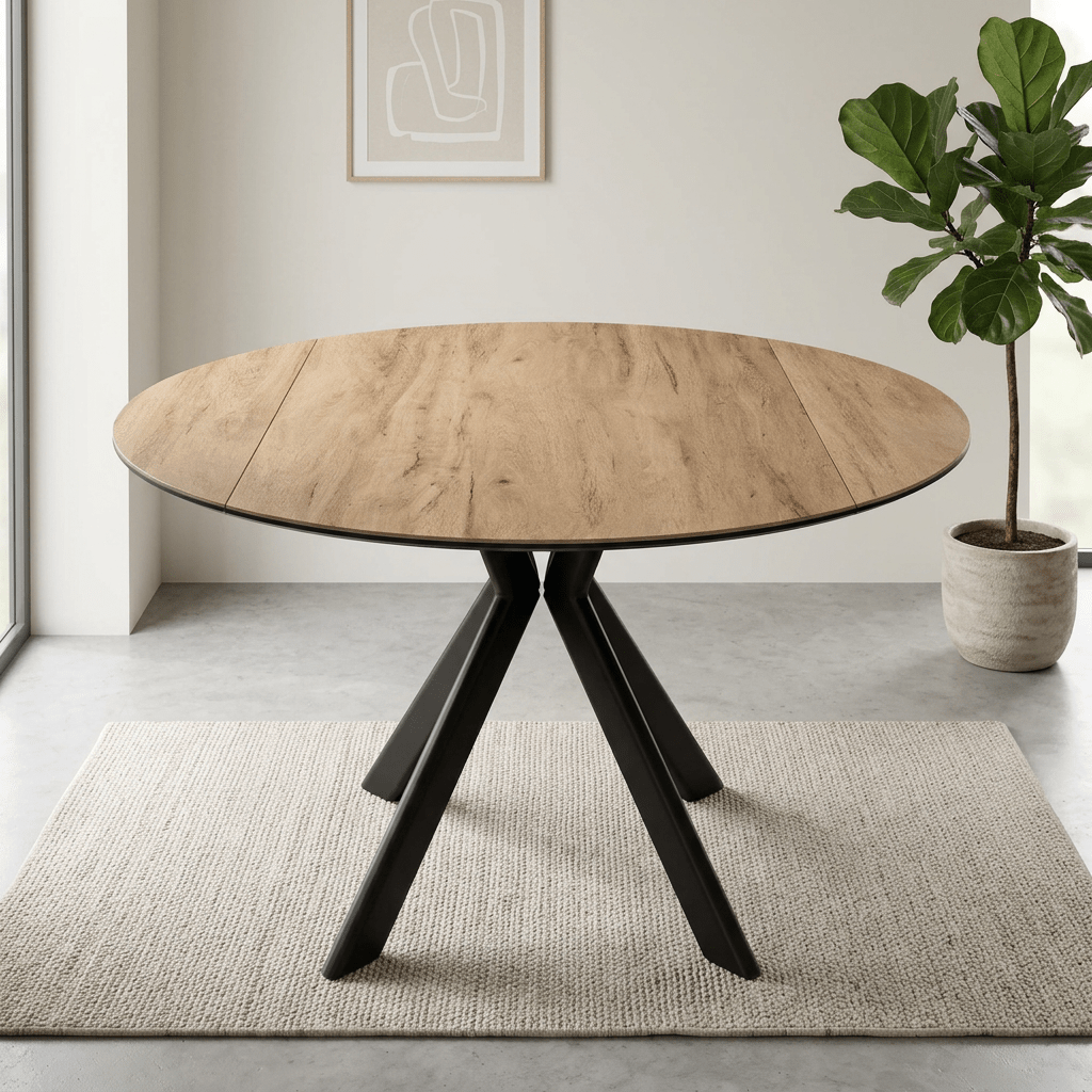 Shop the Cuneo Wood Look Ceramic Swivel Extending Dining Table. Featuring a 135cm wood-effect ceramic top, swivel extension and dark grey metal legs.