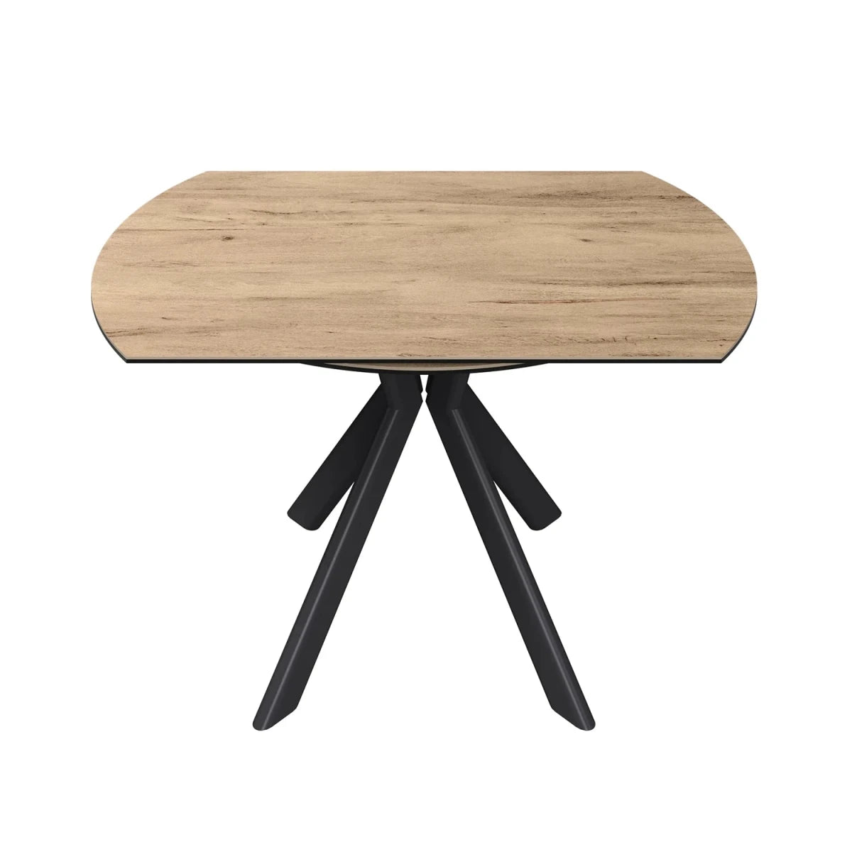 A modern oval dining table with a light oak wood grain top and a black three-legged metal base, shown on a solid white background.