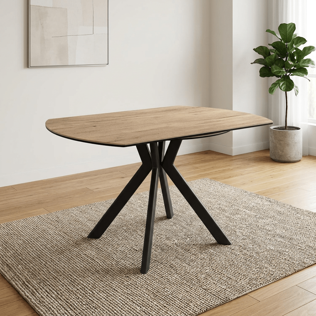 A modern oval dining table with a light oak wood grain effect sintered stone ceramic  top and a black three-legged metal base, 