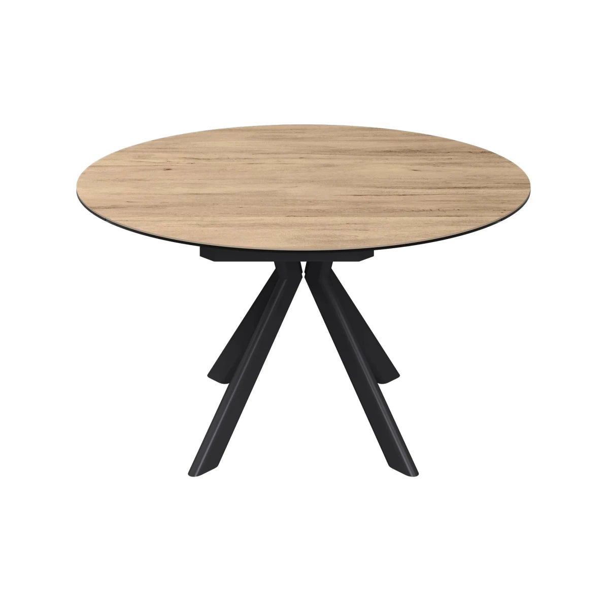 A round dining table with a light oak wood grain top and a black metal tripod base, shown on a solid white background.