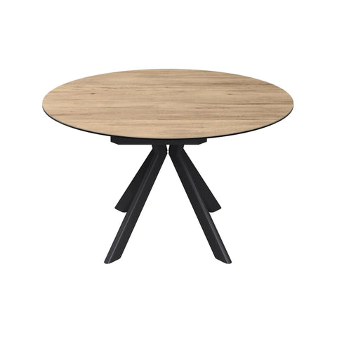 A round dining table with a light oak wood grain top and a black metal tripod base, shown on a solid white background.