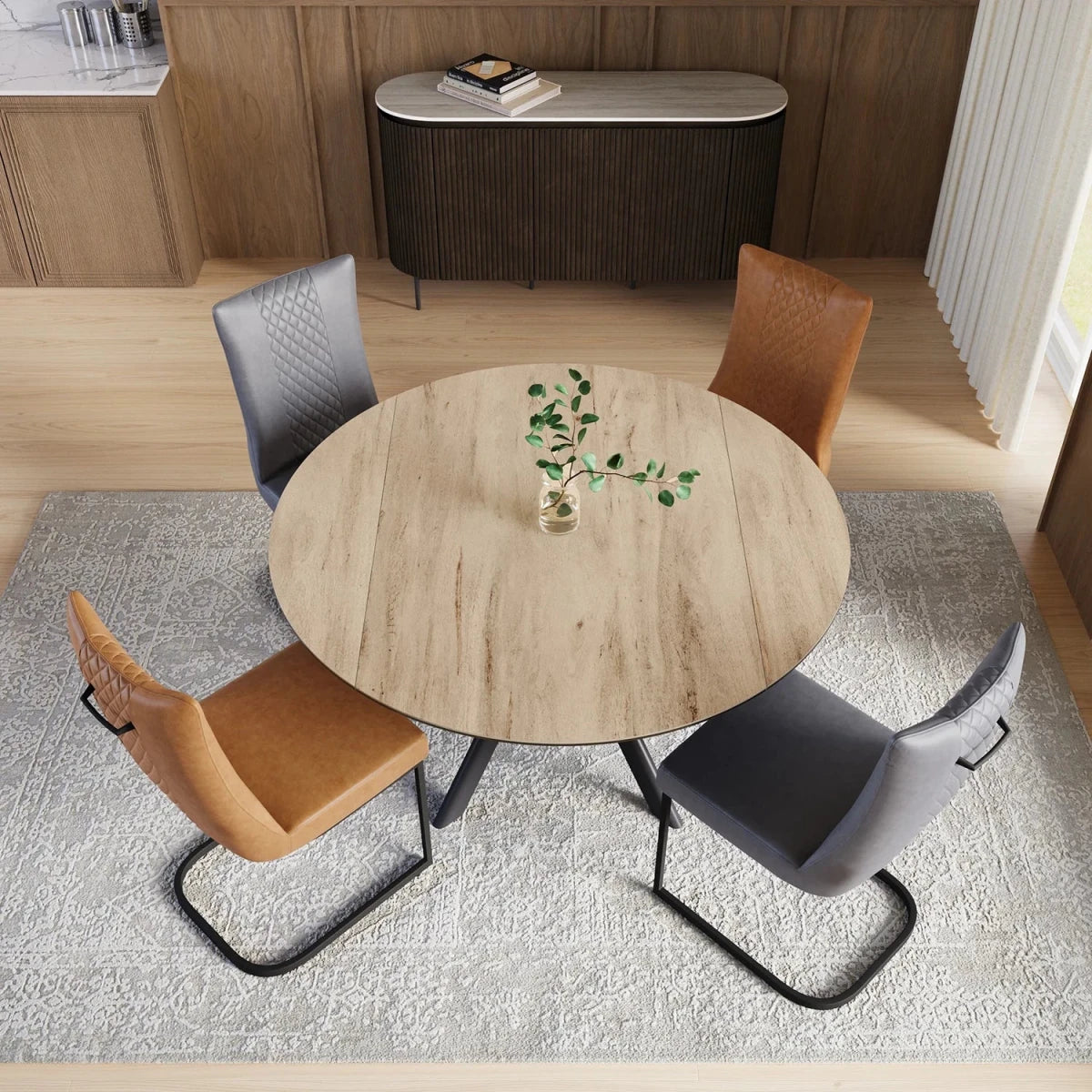 Cuneo Wood Look Ceramic Swivel Extending Dining Table with four chairs in a modern room.
