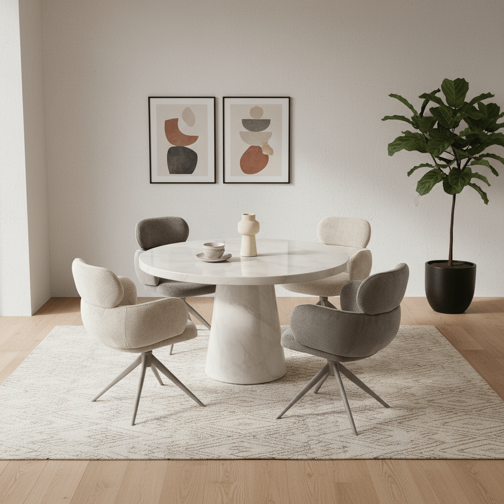 Sirius Taupe Marble Round Dining Table with 4 Beige Swivel Chairs