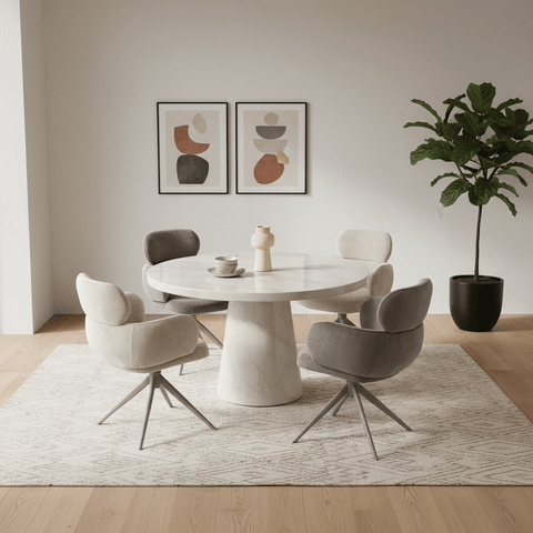 Sirius Taupe Marble Round Dining Table with 4 Beige Swivel Chairs