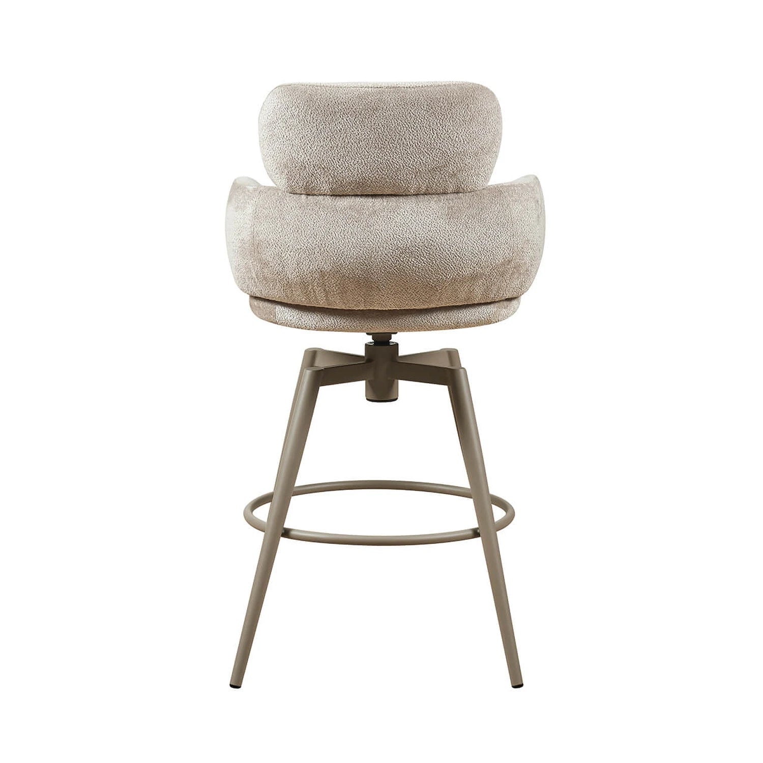 Back view of Sirius Beige Fabric swivel bar stool. Padded seats, powder-coated finish metal legs