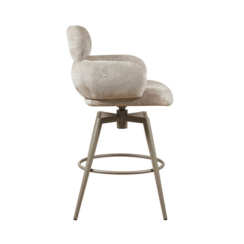 Side view of Sirius Beige Fabric swivel bar stool. Padded seats, powder-coated finish metal legs