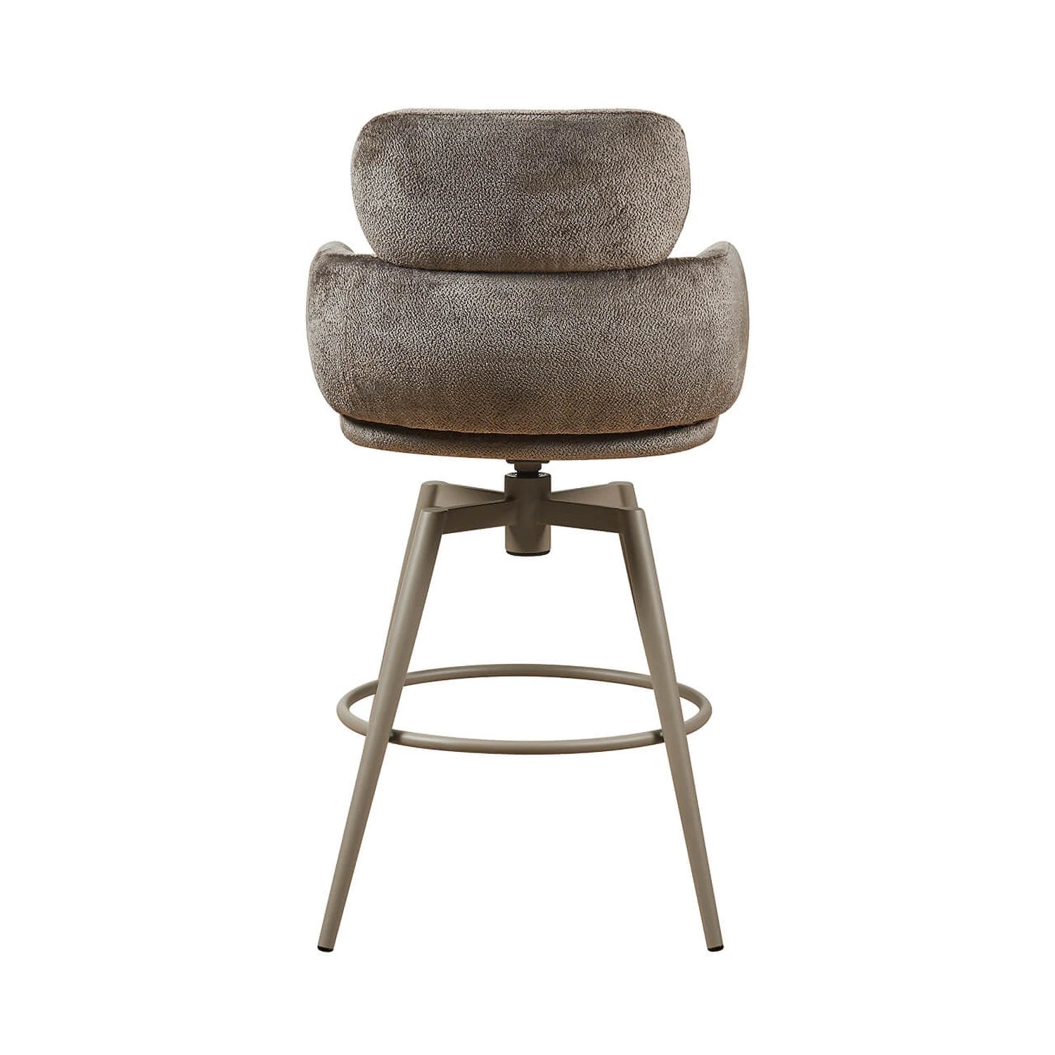 Back view of Sirius Mocha Fabric swivel bar stool. Padded seats, powder-coated finish metal legs
