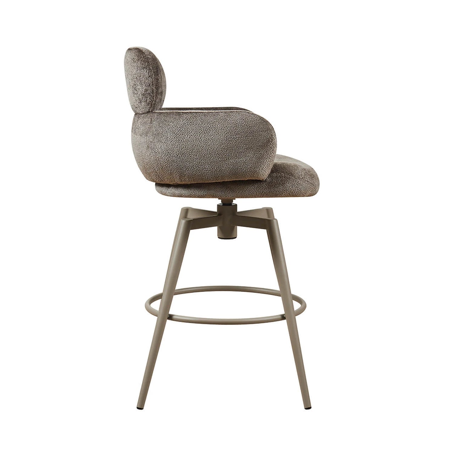 Side view of Sirius Mocha Fabric swivel bar stool. Padded seats, powder-coated finish metal legs