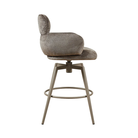 Side view of Sirius Mocha Fabric swivel bar stool. Padded seats, powder-coated finish metal legs