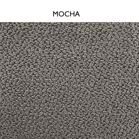 Fabric Close up of Sirius Mocha Fabric swivel bar stool. Padded seats, powder-coated finish metal legs