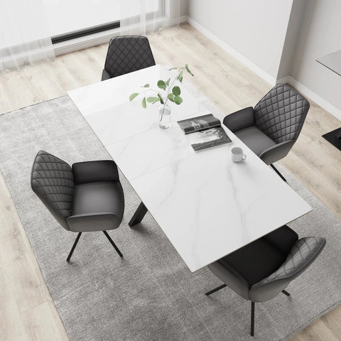 Shop the Amari Gloss White Ceramic Extending Dining Table with 4, 6 or 8 Lina Faux Leather Swivel Chairs. Two table sizes and Grey or Tan seating.