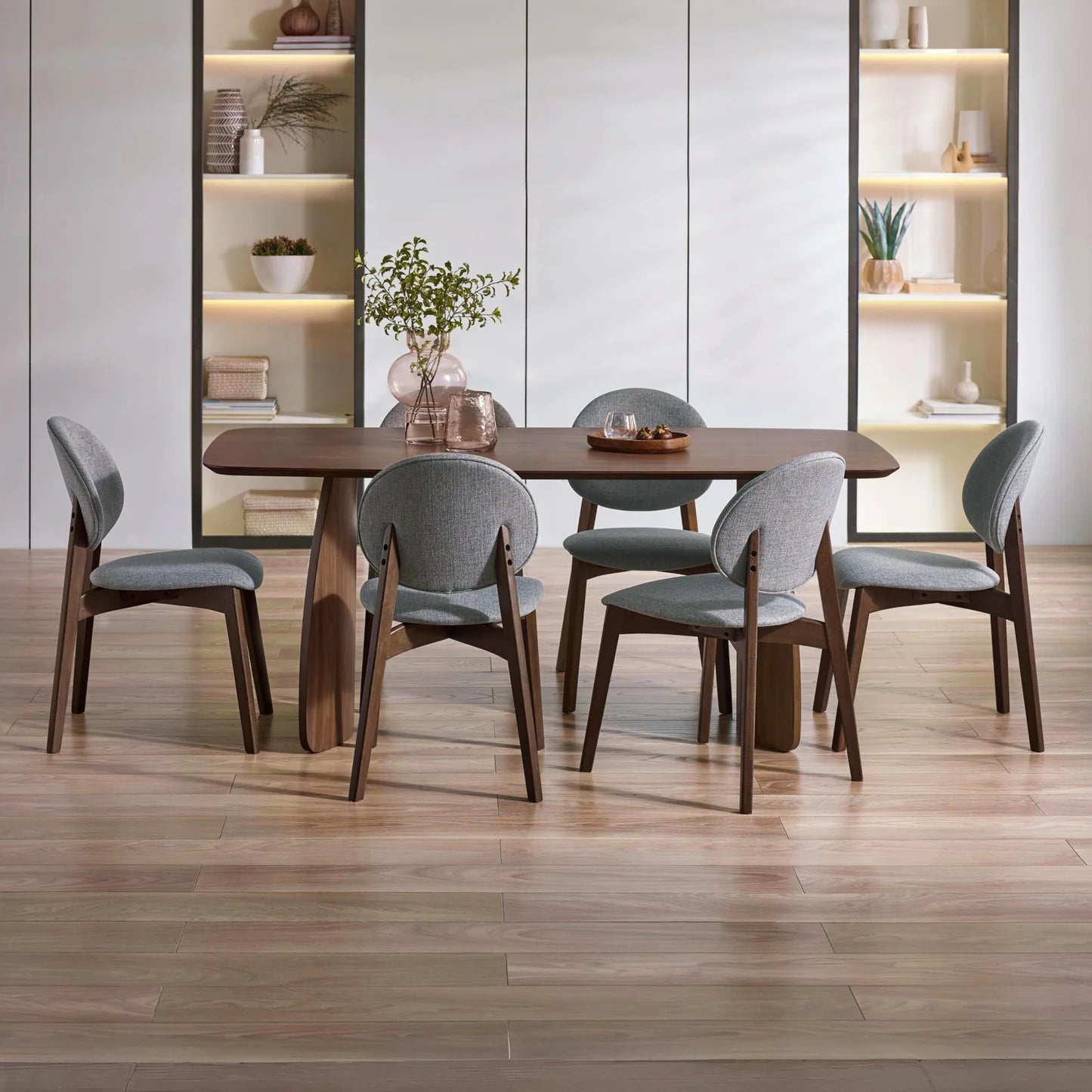 Artemis Walnut Wood Dining Table with 6 Grey Fabric Dining Chairs