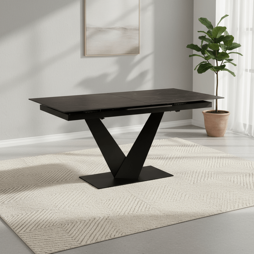 Adam extending dining table with black sintered stone top, V-shaped pedestal base and easy extension mechanism. Seats 4 to 8 people.