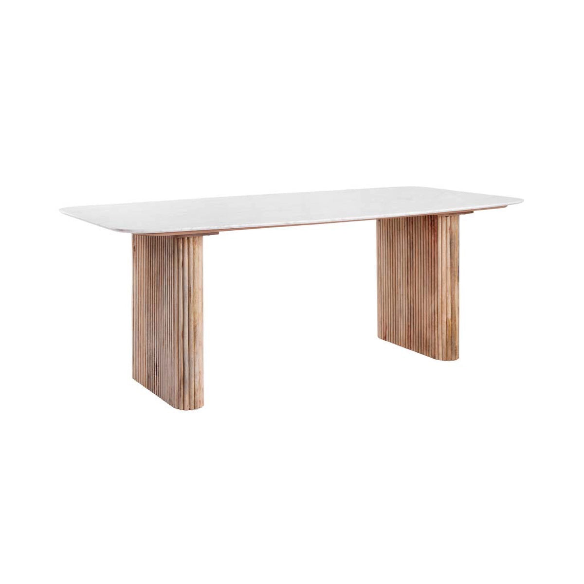 Aimar marble dining table with solid marble top and reeded mango wood legs. Seats 6. Luxury craftsmanship for elegant modern dining spaces.