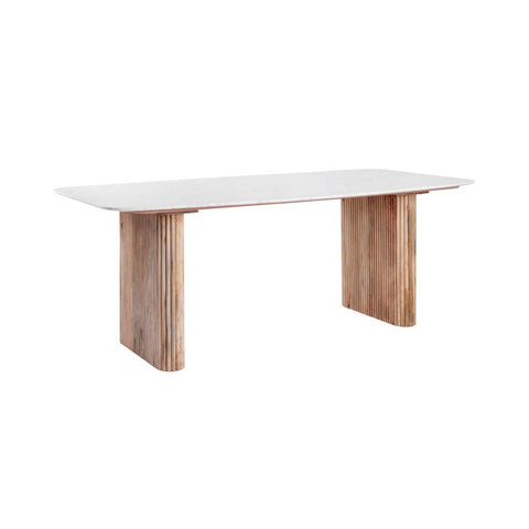 Aimar marble dining table with solid marble top and reeded mango wood legs. Seats 6. Luxury craftsmanship for elegant modern dining spaces.