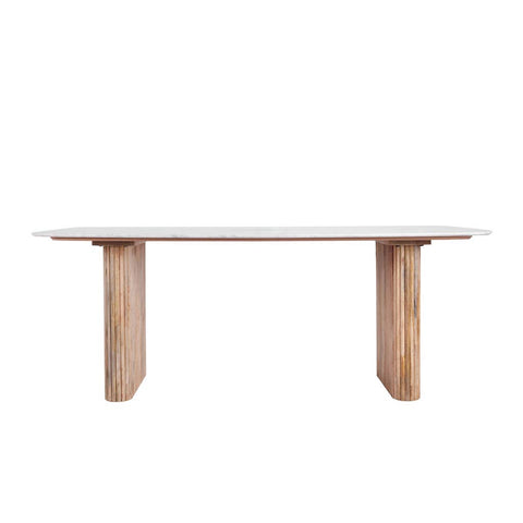 Aimar marble dining table with solid marble top and reeded mango wood legs. 