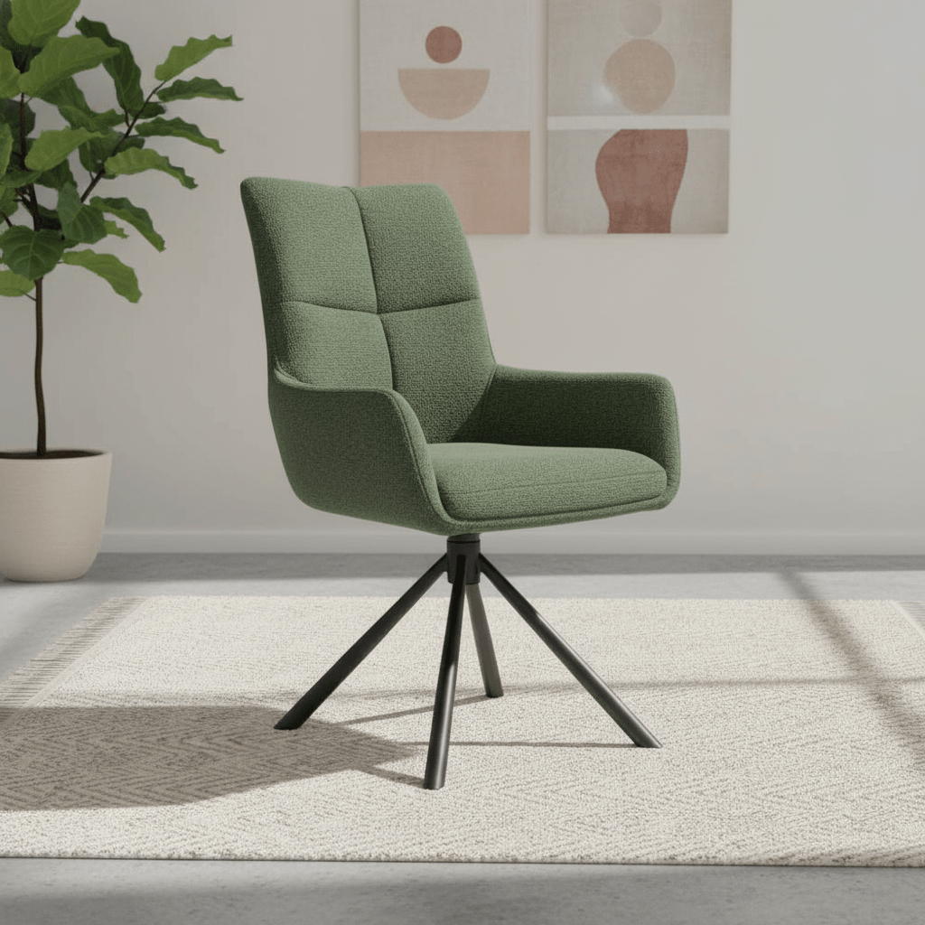 Aldo Swivel Fabric Green Dining Chair with Black Legs - Styled in a living room