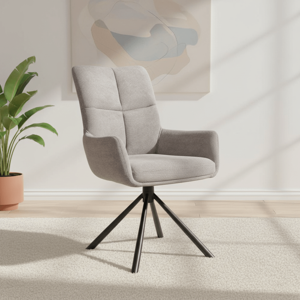 Aldo Swivel Fabric Pewter Dining Chair with Black legs - Styled in a Bedroom