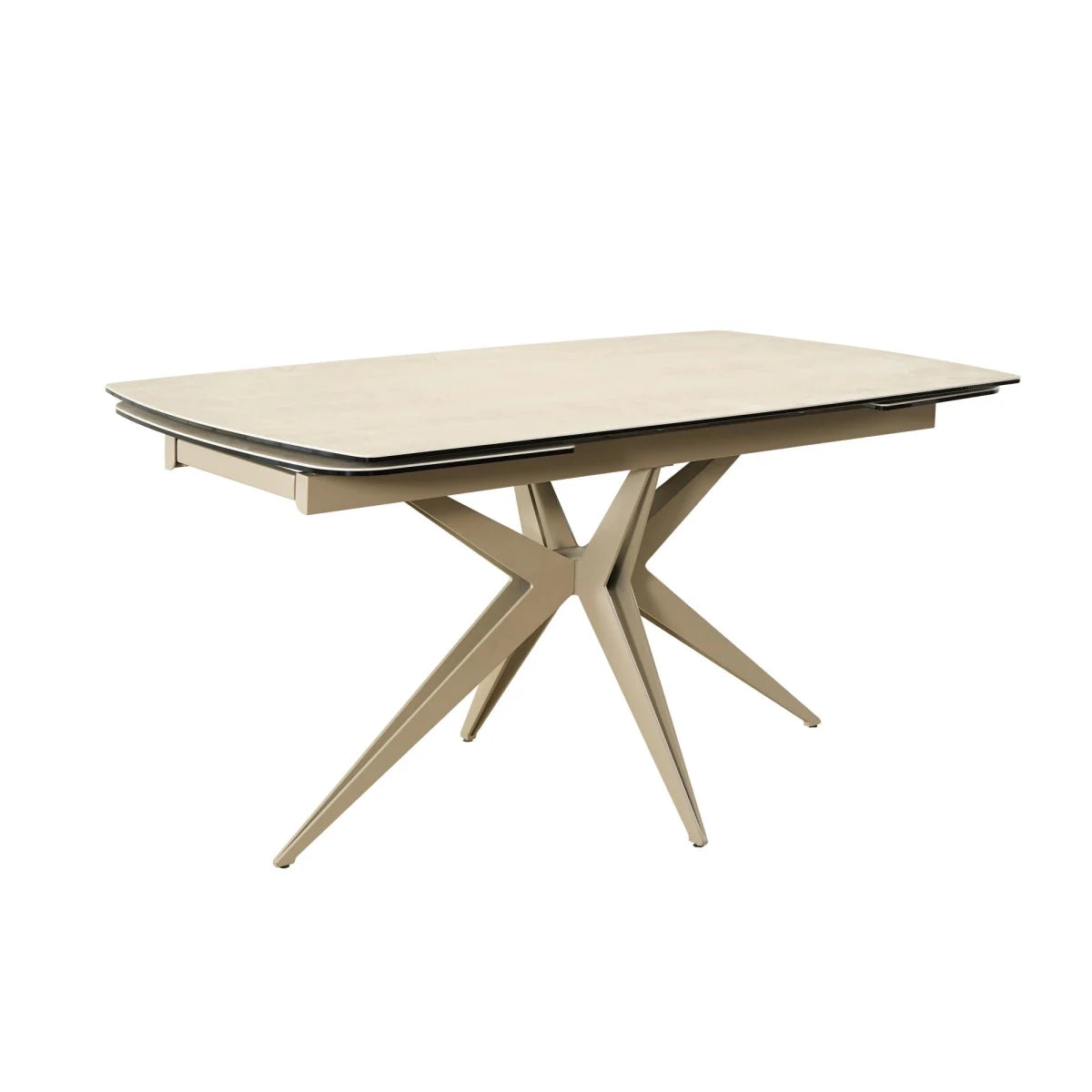 Modern dining table with a beige top and star-shaped base on a white background