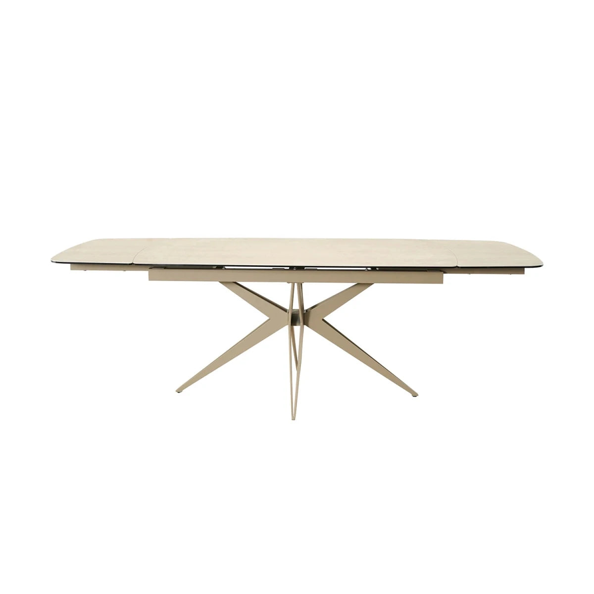 Travertine effect ceramic extending dining table 160–240cm. Italian-inspired design with durable, heat and scratch resistant surface.