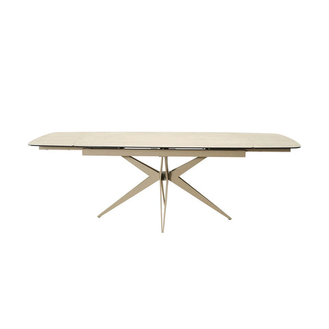 Travertine effect ceramic extending dining table 160–240cm. Italian-inspired design with durable, heat and scratch resistant surface.