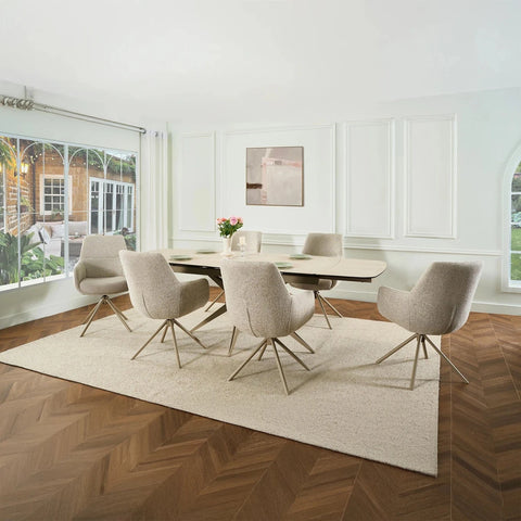 Modern dining room with Alessia travertine effect ceramic extending dining table with Chairs Set